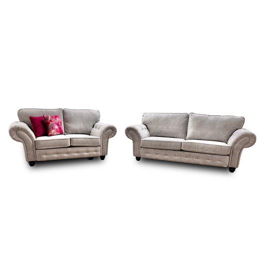 ‘Crompton’ Silver Chenille Fabric Chesterfield 3 + 2 Seater Sofa Set