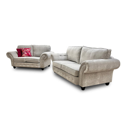 ‘Crompton’ Silver Chenille Fabric Chesterfield 3 + 2 Seater Sofa Set