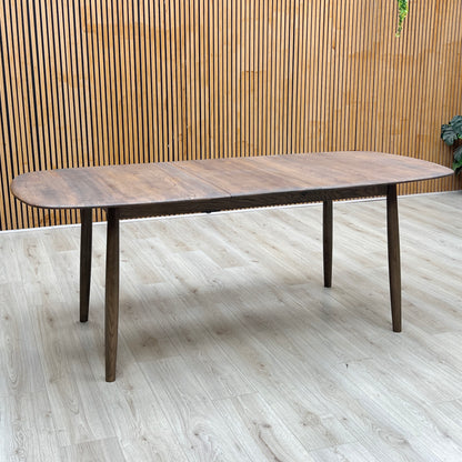 ‘Stockholm’ Dark Oak Solid Oak Large Extending Dining Table with Grey Upholstered Dark Oak Dining Chairs - Set of 4 Furniture Village