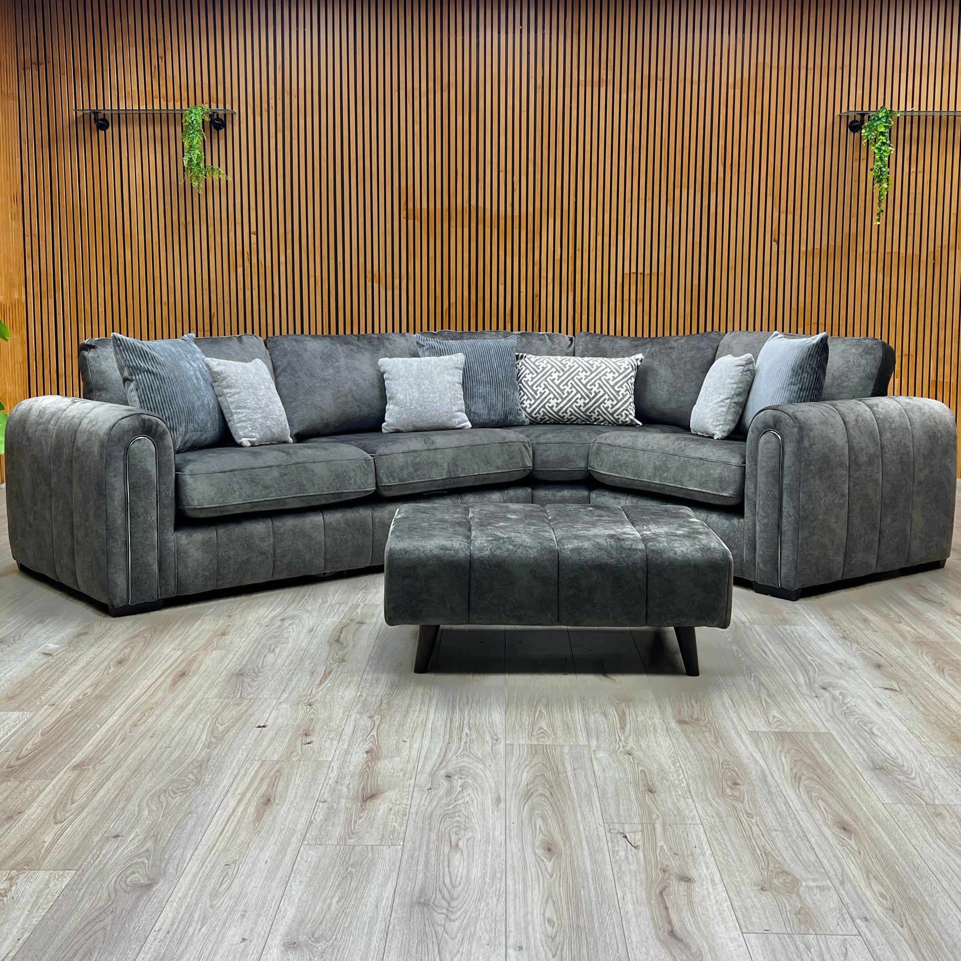 'Amara' Charcoal Grey Fabric Right Hand Facing Double Arm Corner Group with Footstool Very.com