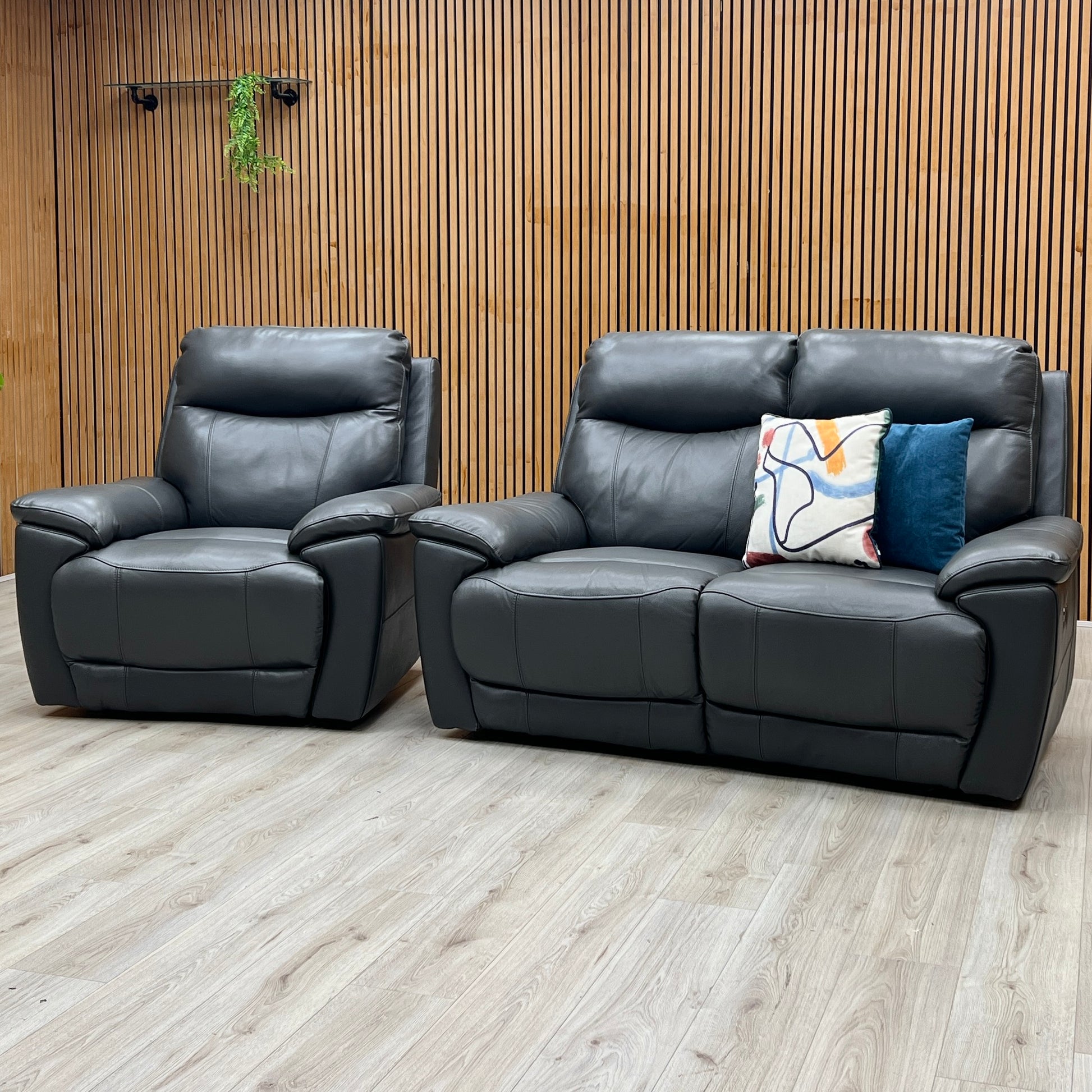 ‘Sloane’ Cat-35_01 Florida Graphite Grey Leather 2 Seater Sofa + Armchair Power Recliner Set Furniture Village