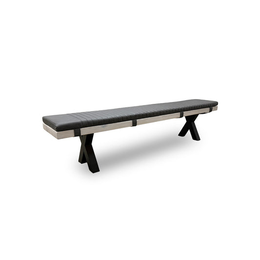 Bodahl 'Terra' 03 White Washed Solid Oak 220cm Dining Bench with Metal X-Shaped Legs + Grey Bench Pad