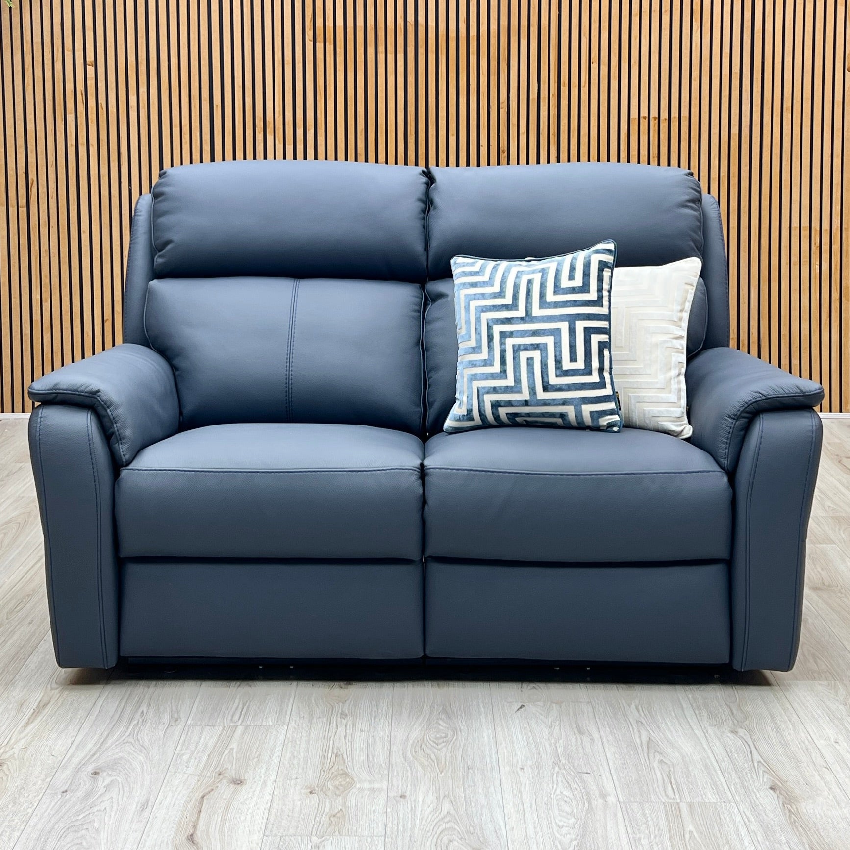 Nicoletti ‘Vito’ Torello Blu 81 Blue Leather 2 + 2 Seater Power Recliner Sofa Set with Power Headrests and Power Lumbar Furniture Village