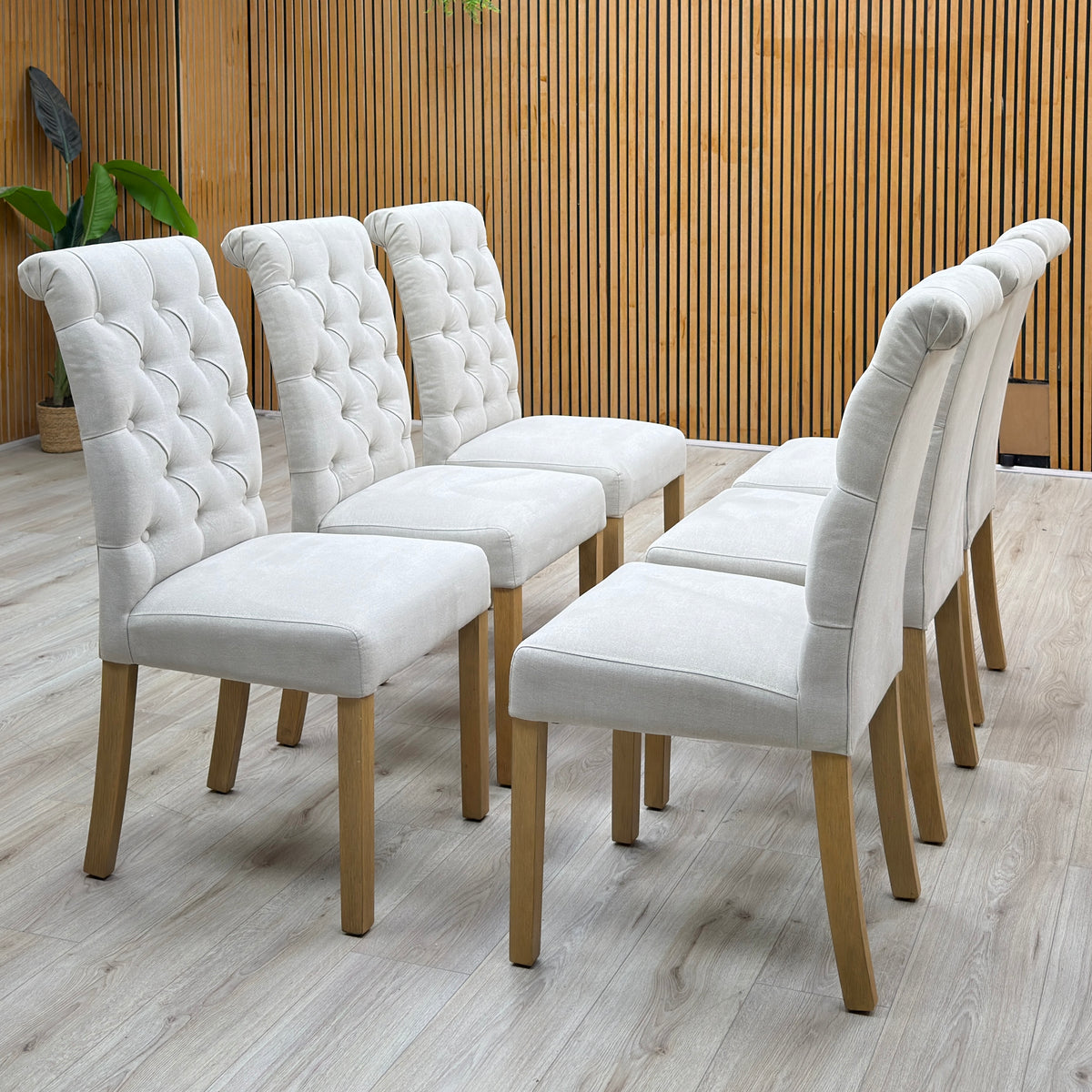Furnitureland ‘Hamilton’ Taupe Fabric Roll Back Button Back Set of 6 Dining Chairs