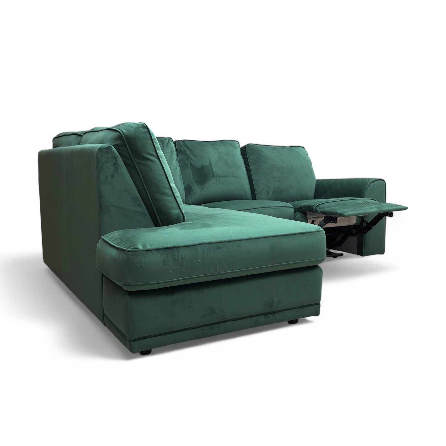 ‘Orka’ Forest Green Sensual Velvet Right Hand Facing Arm Open End Chaise Manual Recliner Corner Sofa
