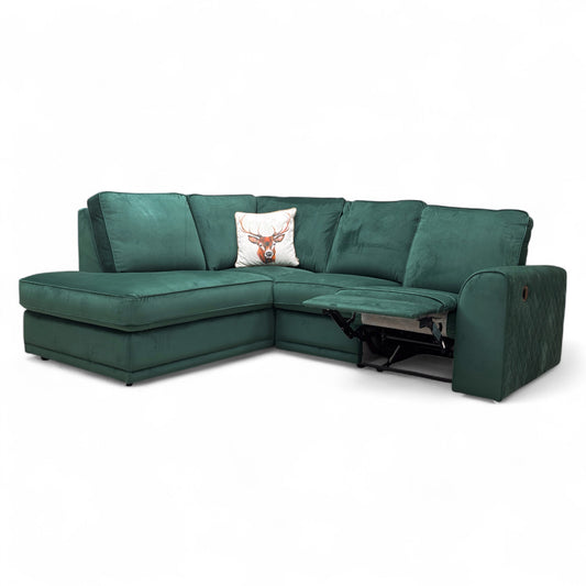 ‘Orka’ Forest Green Sensual Velvet Right Hand Facing Arm Open End Chaise Manual Recliner Corner Sofa