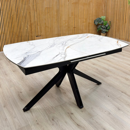'Jose' Fiorentino Marble Ceramic Top 160cm Pop up Extending Dining Table with Stone Grey Faux Leather Swivel Chairs X 6