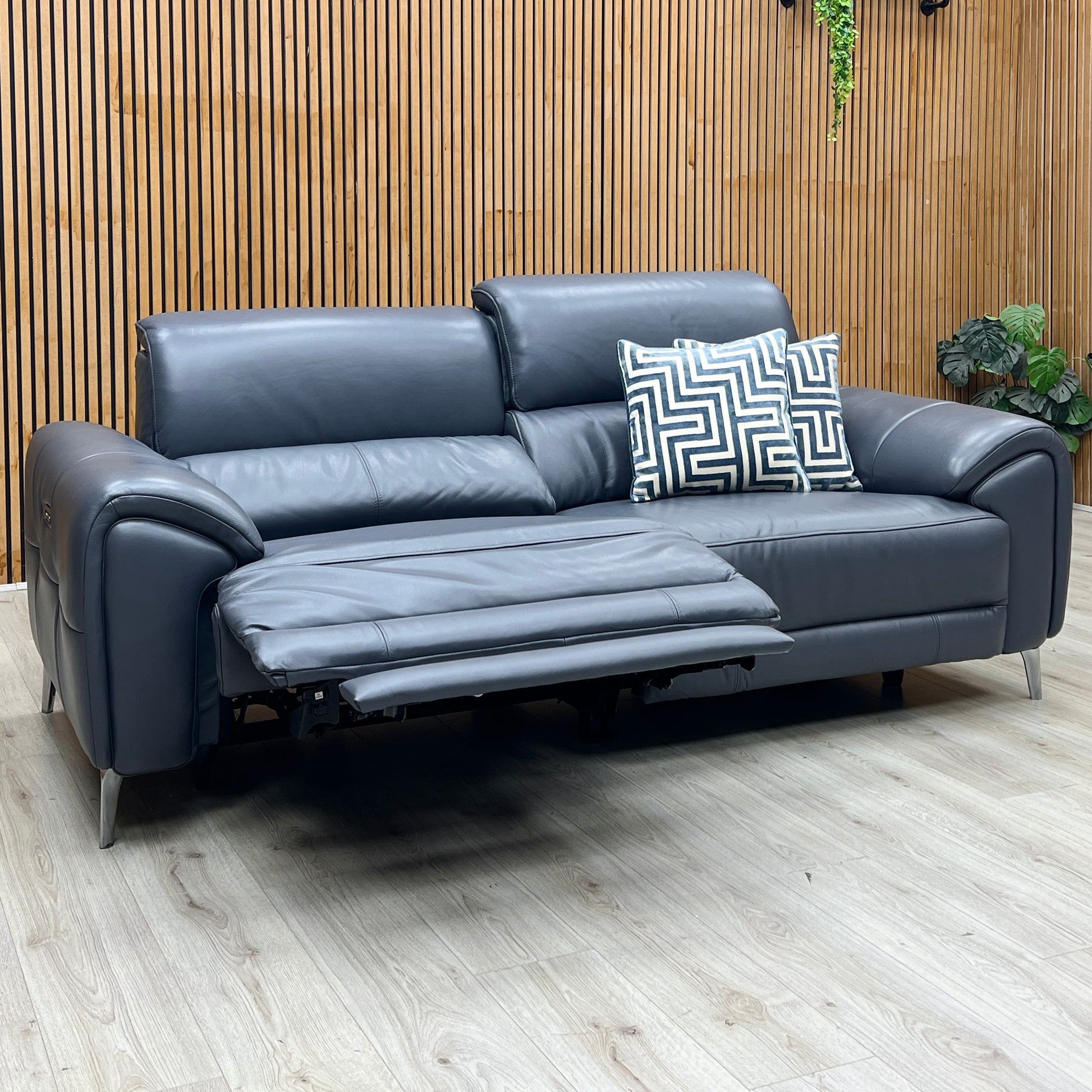 ‘Vino’ Cat-60_18 Lavender Grey Leather 3 Seater Power Recliner Sofa with Power Headrests and Heated Seats Furniture Village