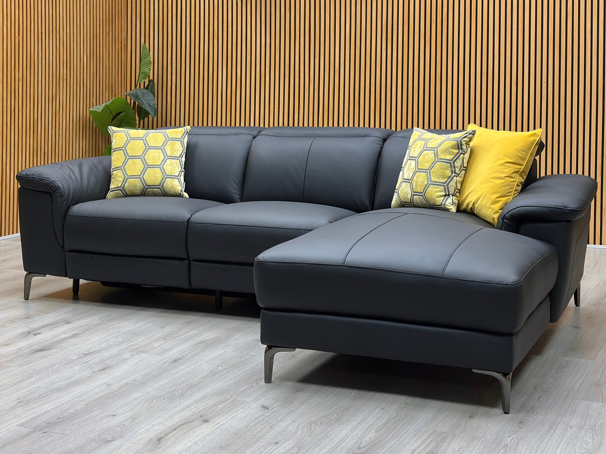 ‘Lorenza’ Black Leather:Faux Leather Power Recliner Right Hand 3 Seater Chaise Sofa
