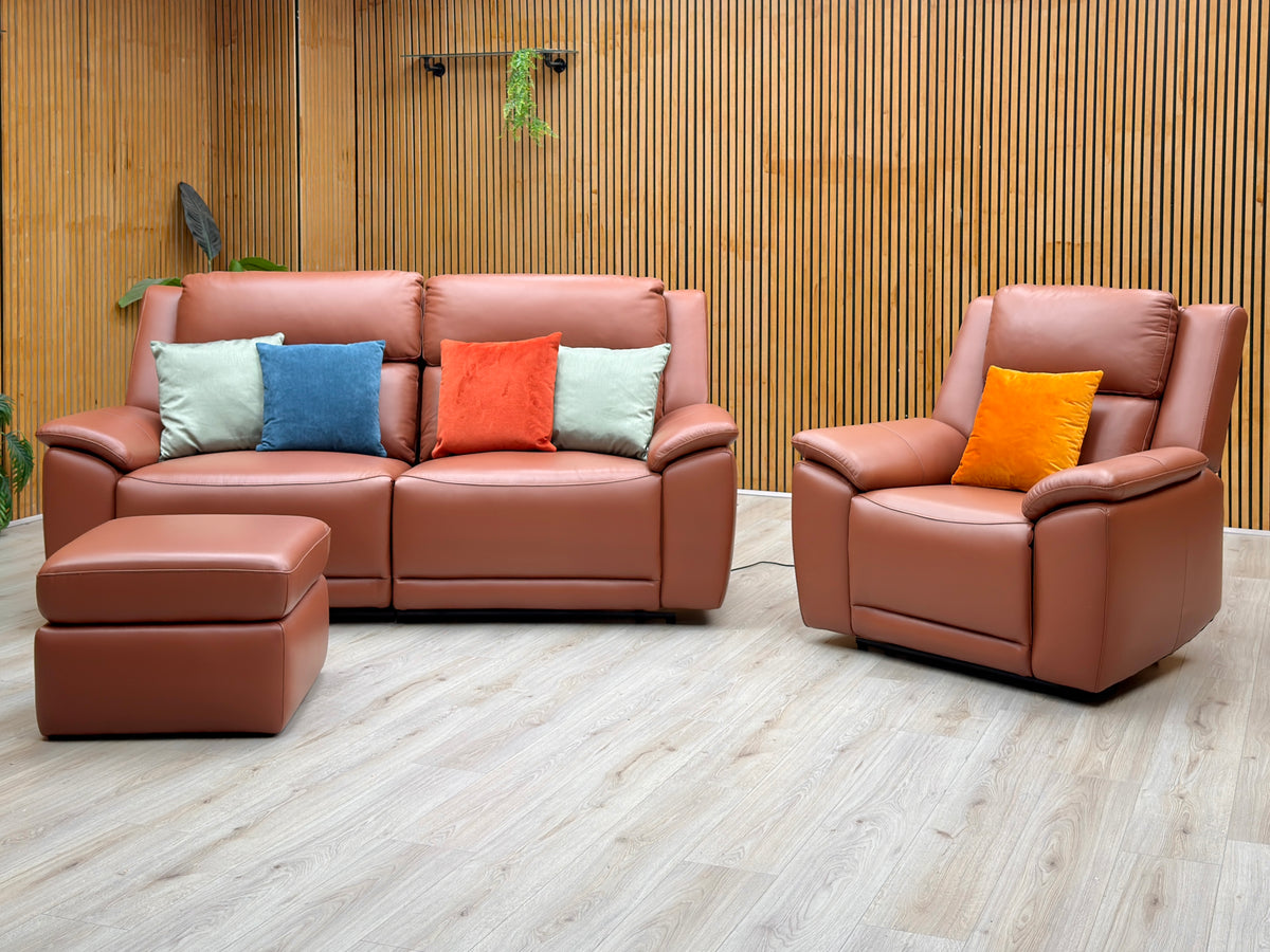 ‘Utah’ Tan Brown Leather 3 Seater Power Recliner Sofa with Power Headrests and Power Lumbar + Power Chair + Storage Footstool