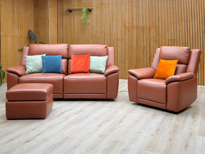 ‘Utah’ Tan Brown Leather 3 Seater Power Recliner Sofa with Power Headrests and Power Lumbar + Power Chair + Storage Footstool