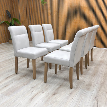 ‘Lewis’ Light Grey Set of 6 Roll Back Faux Leather Dining Chairs