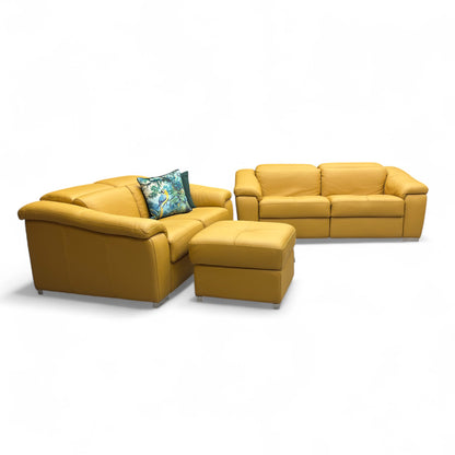 Nicoletti 'Galileo' Torello Senape 355 Ch Leather 2.5 + 2 Seater Power Recliner Sofa Set with Power Headrests + Storage Footstool
