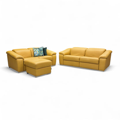 Nicoletti 'Galileo' Torello Senape 355 Ch Leather 2.5 + 2 Seater Power Recliner Sofa Set with Power Headrests + Storage Footstool