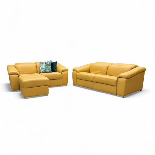 Nicoletti 'Galileo' Torello Senape 355 Ch Leather 2.5 + 2 Seater Power Recliner Sofa Set with Power Headrests + Storage Footstool