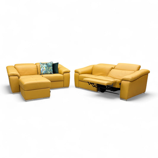 Nicoletti 'Galileo' Torello Senape 355 Ch Leather 2.5 + 2 Seater Power Recliner Sofa Set with Power Headrests + Storage Footstool