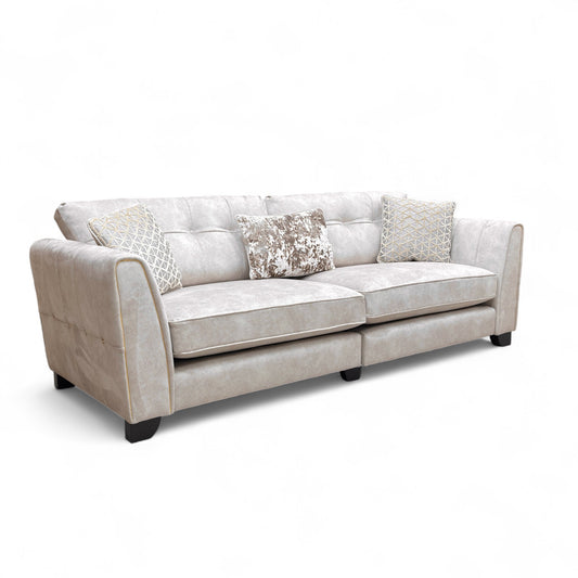‘Mariah’ Dapple Cream-Tri Brass Insert Velvet Classic Back 4 Seater Split Frame Sofa