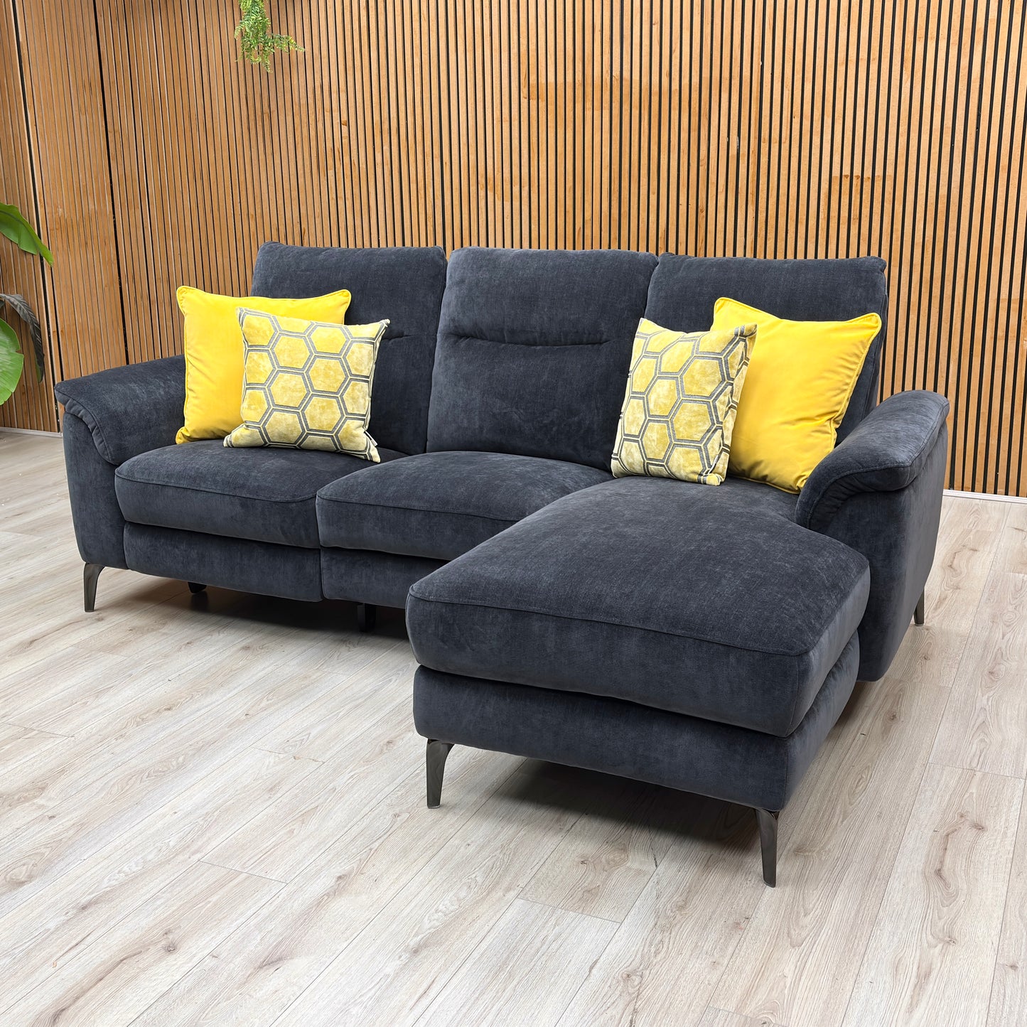 ‘Morgan’ Manhattan Indigo Fabric 3 Seater Power Recliner Sofa with Chaise End