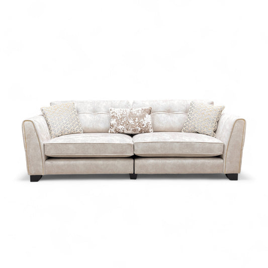 ‘Mariah’ Dapple Cream-Tri Brass Insert Velvet Classic Back 4 Seater Split Frame Sofa