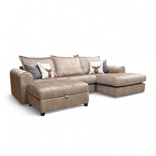 'Serenis' Caramel Rest Velvet Right Hand Facing 3 Seater Chaise Sofa + Large Storage Footstool