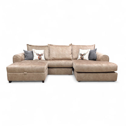'Serenis' Caramel Rest Velvet Right Hand Facing 3 Seater Chaise Sofa + Large Storage Footstool