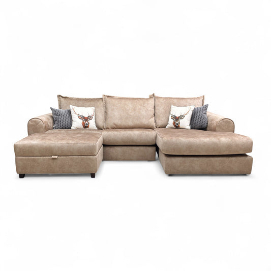 'Serenis' Caramel Rest Velvet Right Hand Facing 3 Seater Chaise Sofa + Large Storage Footstool