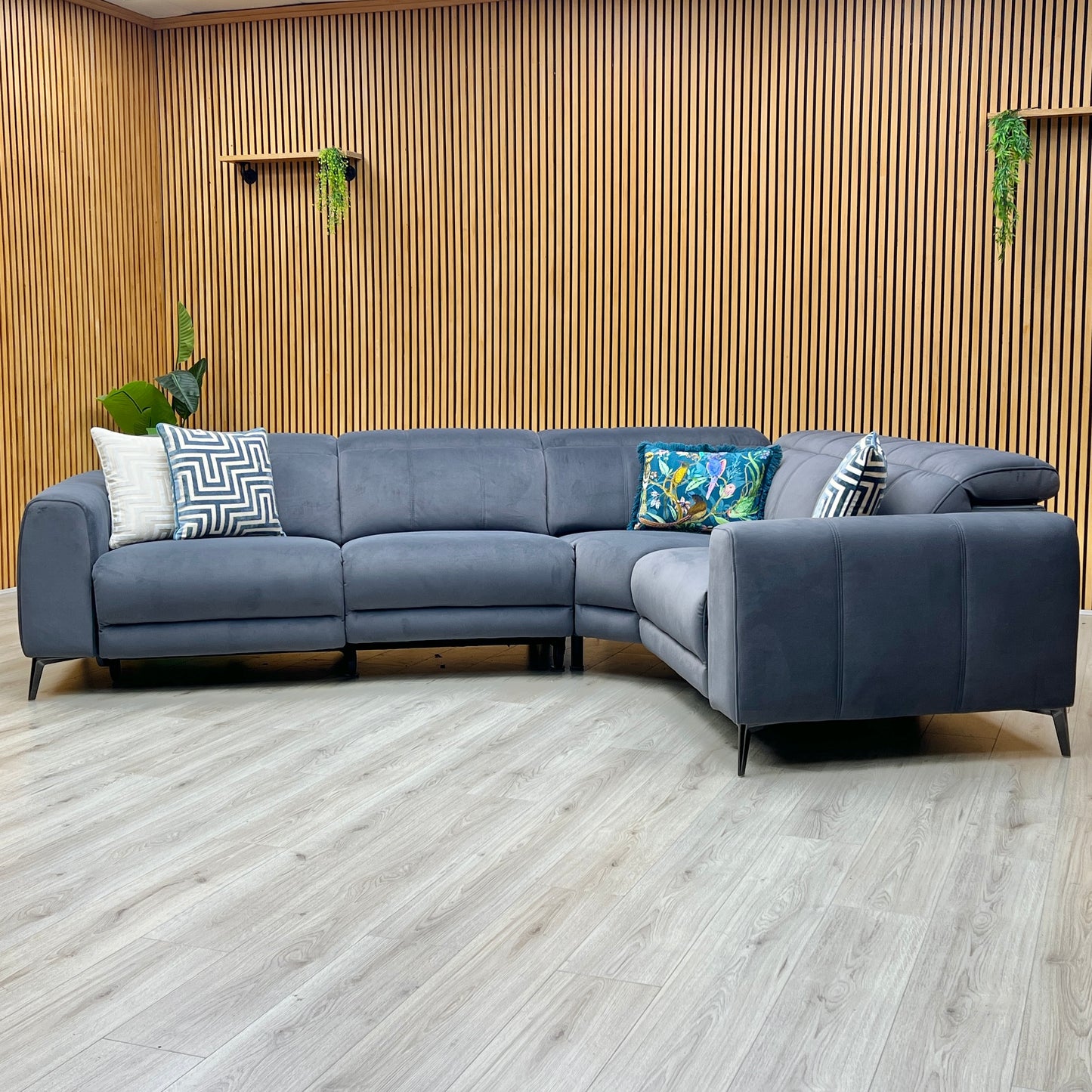 ‘Ezra' Bella Iron Grey Velvet Fabric Power Recliner Corner Sofa with Power Headrest Furniture Village