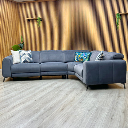 ‘Ezra' Bella Iron Grey Velvet Fabric Power Recliner Corner Sofa with Power Headrest Furniture Village