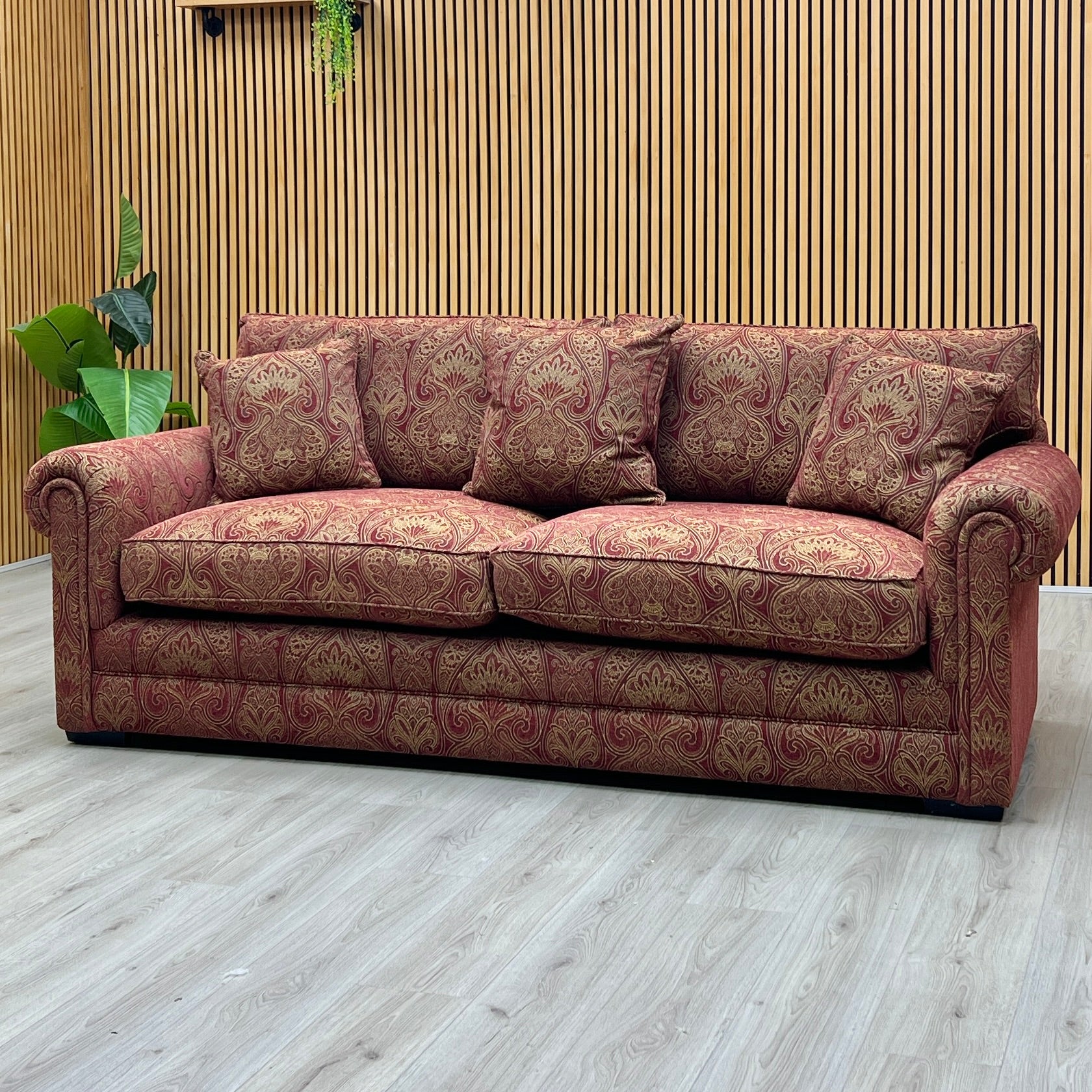 Parker Knoll The Derwent Collection ‘Bradwell’ Red and Yellow Patterned Fabric 3 Seater Classic Back Sofa Furniture Village