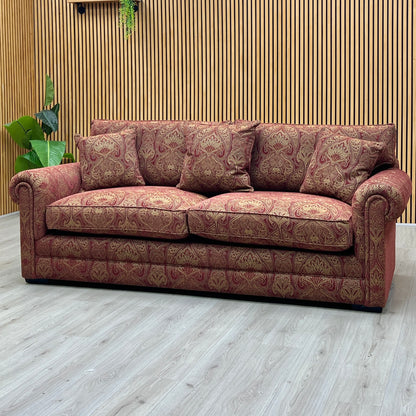 Parker Knoll The Derwent Collection ‘Bradwell’ Red and Yellow Patterned Fabric 3 Seater Classic Back Sofa Furniture Village
