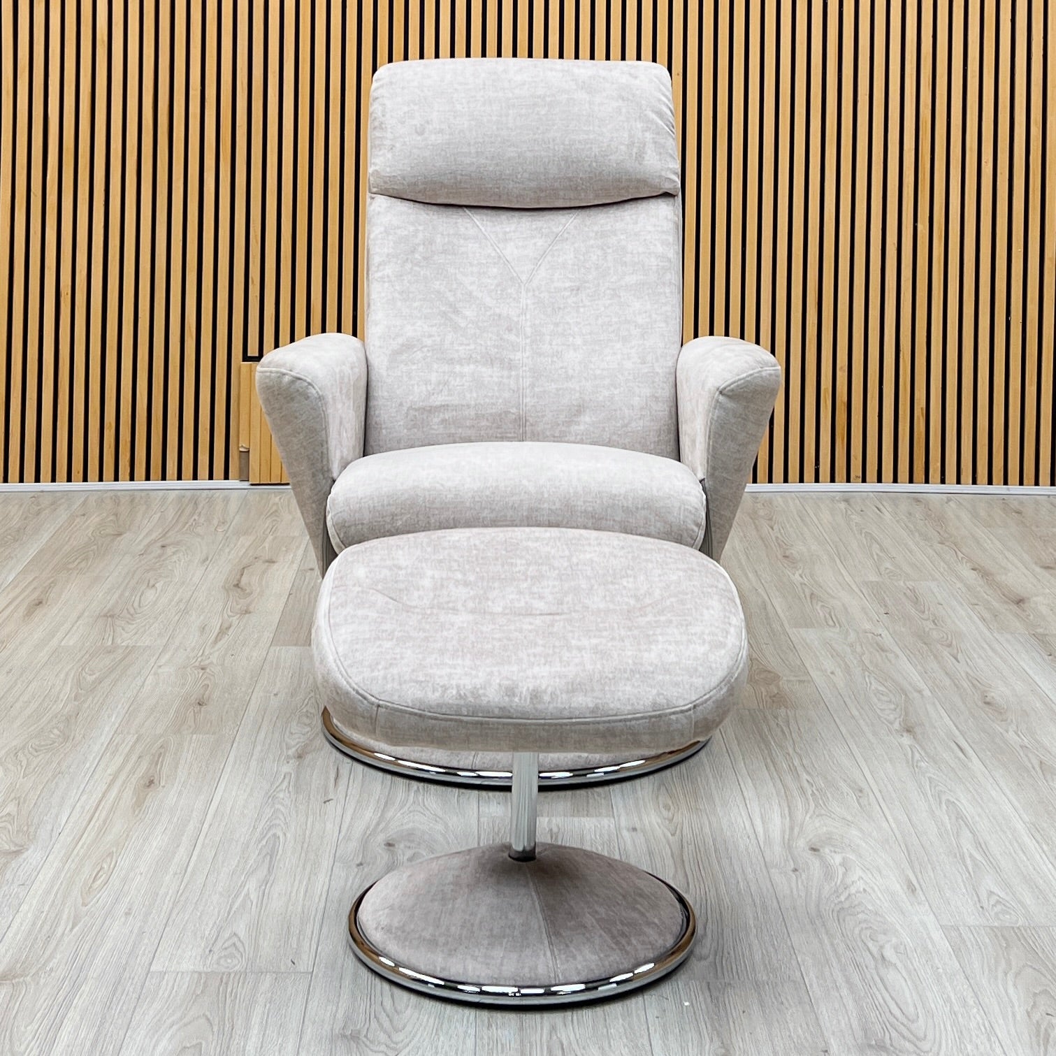 'Nice’ Champagne Ivory Fabric Swivel Recliner Chair and Footstool Furniture Village