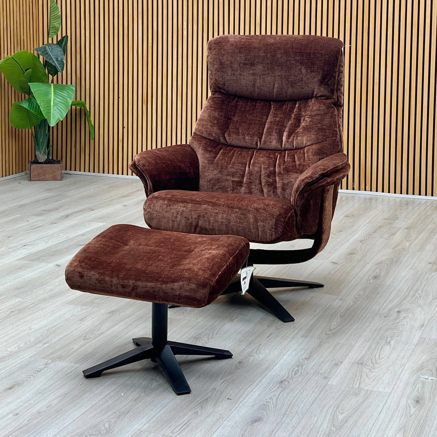 ‘Lindos’ Brandy Rust Orange Fabric Swivel Chair and Footstool Furniture Village