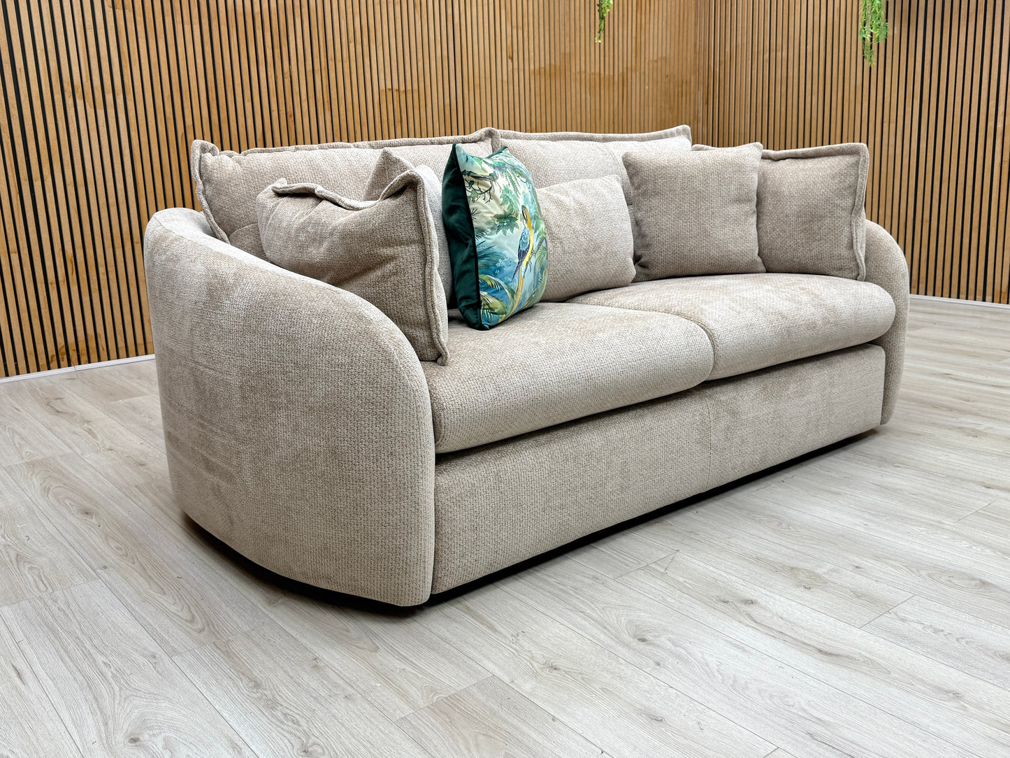Lifestyle view of portobello 3-seater sofa in stone wicker fabric. A modern, durable, and comfortable living room couch with deep-seated design and supportive cushions.
