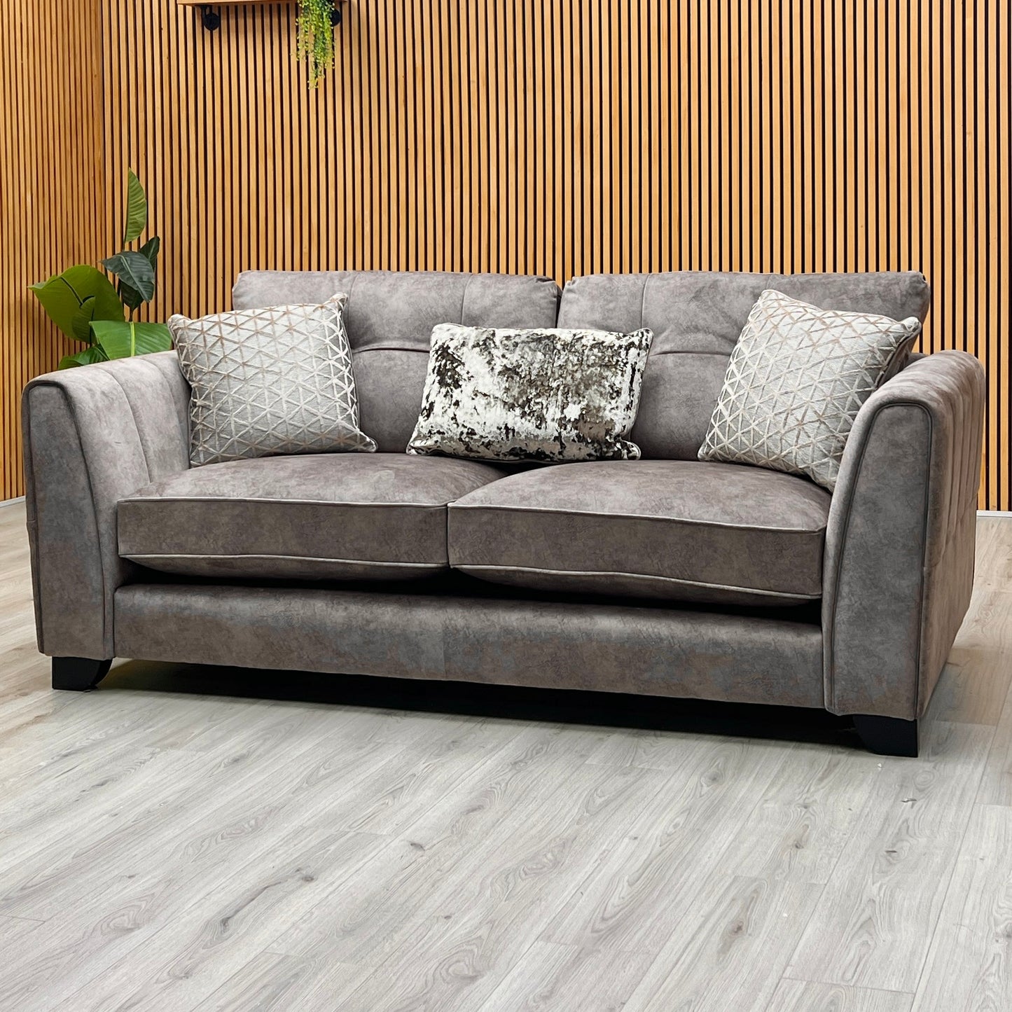 ‘Mariah’ Dapple Chocolate-Tri No Insert Velvet Fabric 3 Seater Classic Back Sofa Furniture Village