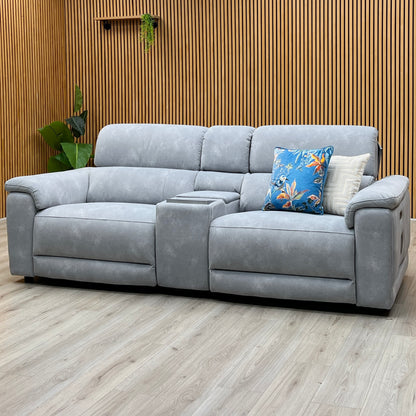 'Genius' Dexter Smoke Grey Velvet Fabric 3 Seater Power Recliner Media Sofa with Power Headrest, Power Lumbar and Bluetooth Speakers Furniture Village
