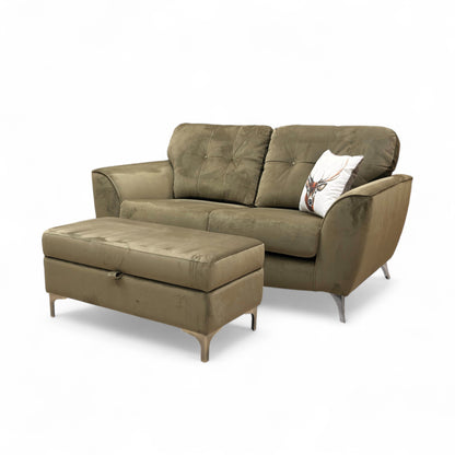 ‘Dawson’ Khaki Dawson Velvet 2 Seater Sofa + ‘Ava’ Khaki Ava Velvet Storage Footstool
