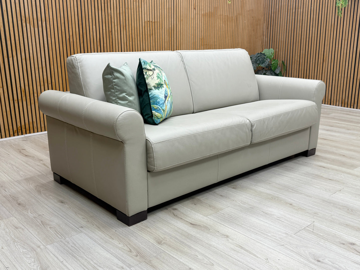 Nicoletti 'Alcova' Torello Tortora Grey Dark Feet Leather 2.5 Seater Sofa Bed with Scroll Arms