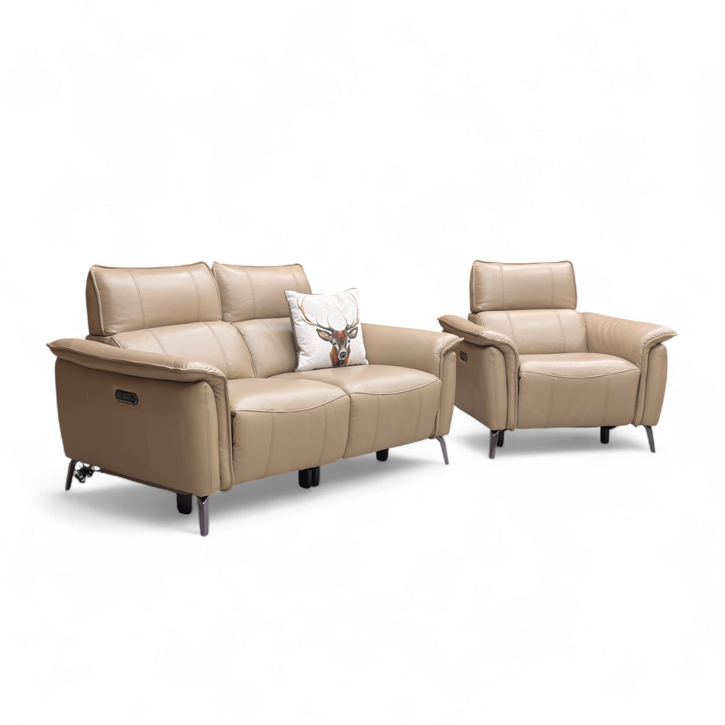‘Jude’ Montana Barley Cat-60:06 Leather 2 Seater Power Recliner Sofa with Telescopic Headrest + Power Armchair with Telescopic Headrest