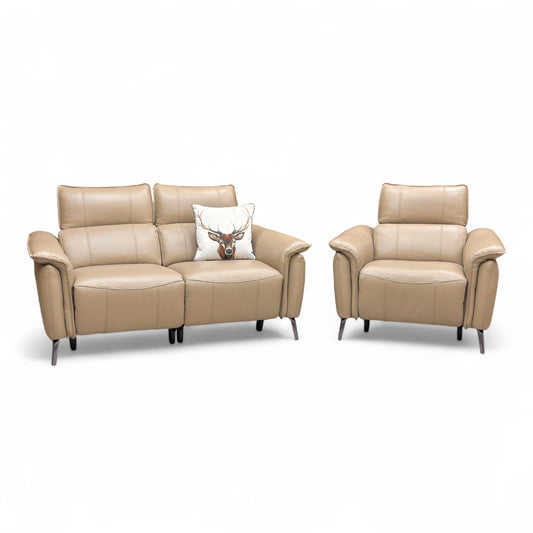 ‘Jude’ Montana Barley Cat-60:06 Leather 2 Seater Power Recliner Sofa with Telescopic Headrest + Power Armchair with Telescopic Headrest