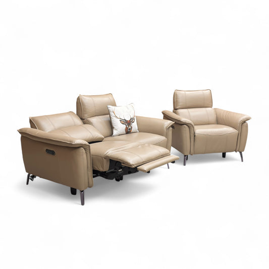 ‘Jude’ Montana Barley Cat-60:06 Leather 2 Seater Power Recliner Sofa with Telescopic Headrest + Power Armchair with Telescopic Headrest