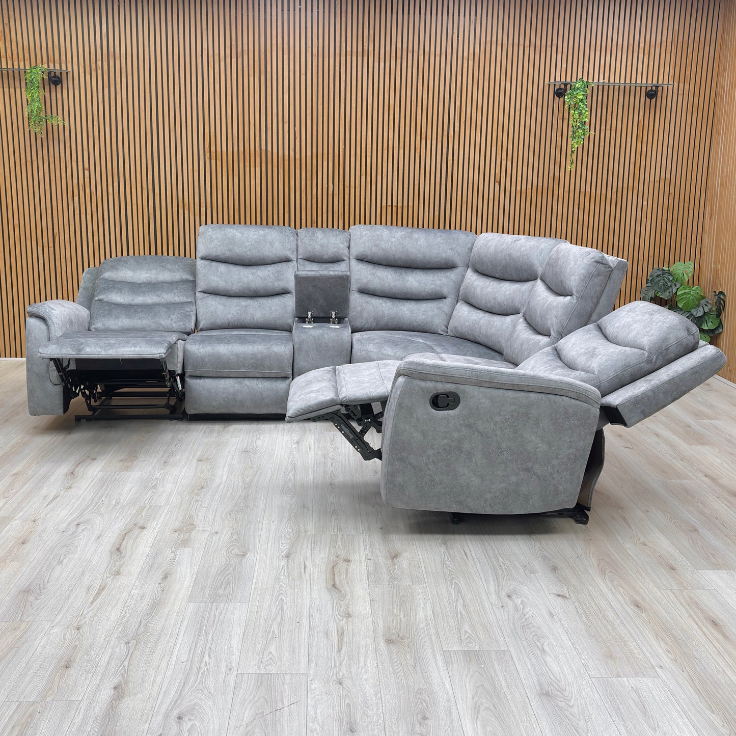 ‘Polly’ Dapple Grey Velvet Manual Recliner 2 Corner 2 Sofa with Cup Holder Console