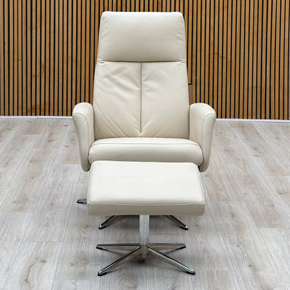 G Plan 'Vaasa' H007 Durham Dove Grey Leather Swivel Recliner Chair and Footstool with Chrome Base