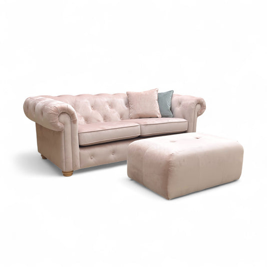 ‘Belair’ Blush Pink Sensual Velvet 3 Seater Sofa + Small Button Top Footstool