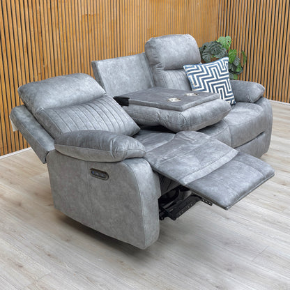 ‘Brystol’ Dapple Grey Velvet 3 Seater Power Recliner Sofa with Drop Down Cup Holder