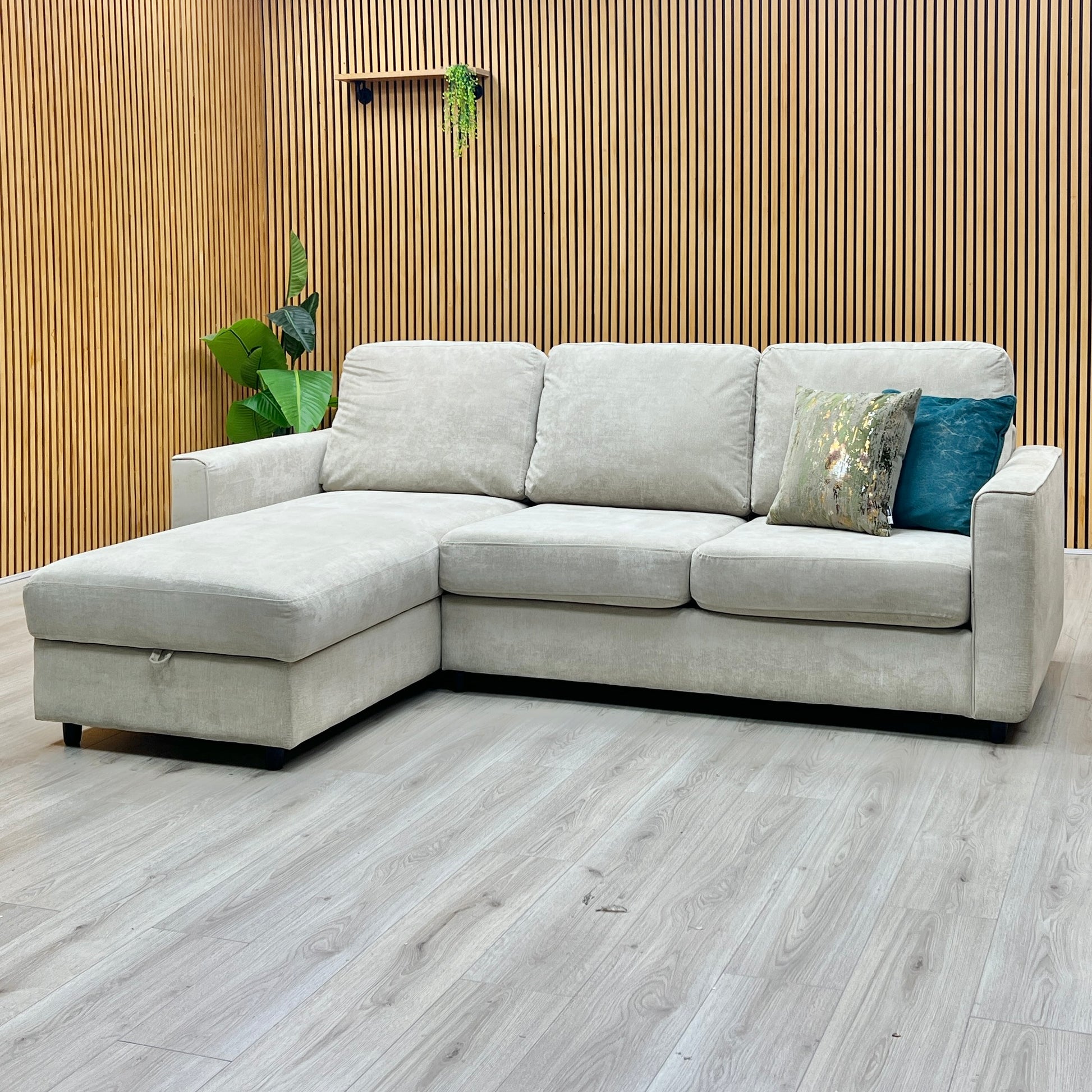 ‘Esprit’ Silver Ebony Feet Fabric Left Hand Facing Sofa Bed with Storage Chaise Furniture Village