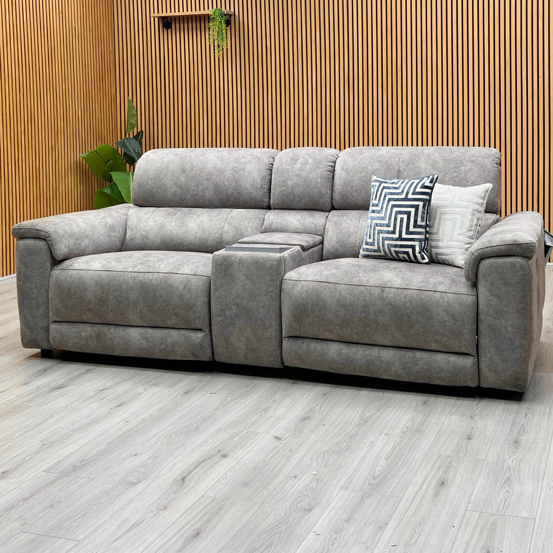 ‘Genius’ Marble Charcoal Grey Velvet Fabric 3 Seater Power Recliner Media Sofa with Power Headrests, Power Lumbar and Bluetooth Speakers Furniture Village