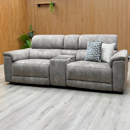 ‘Genius’ Marble Charcoal Grey Velvet Fabric 3 Seater Power Recliner Media Sofa with Power Headrests, Power Lumbar and Bluetooth Speakers Furniture Village