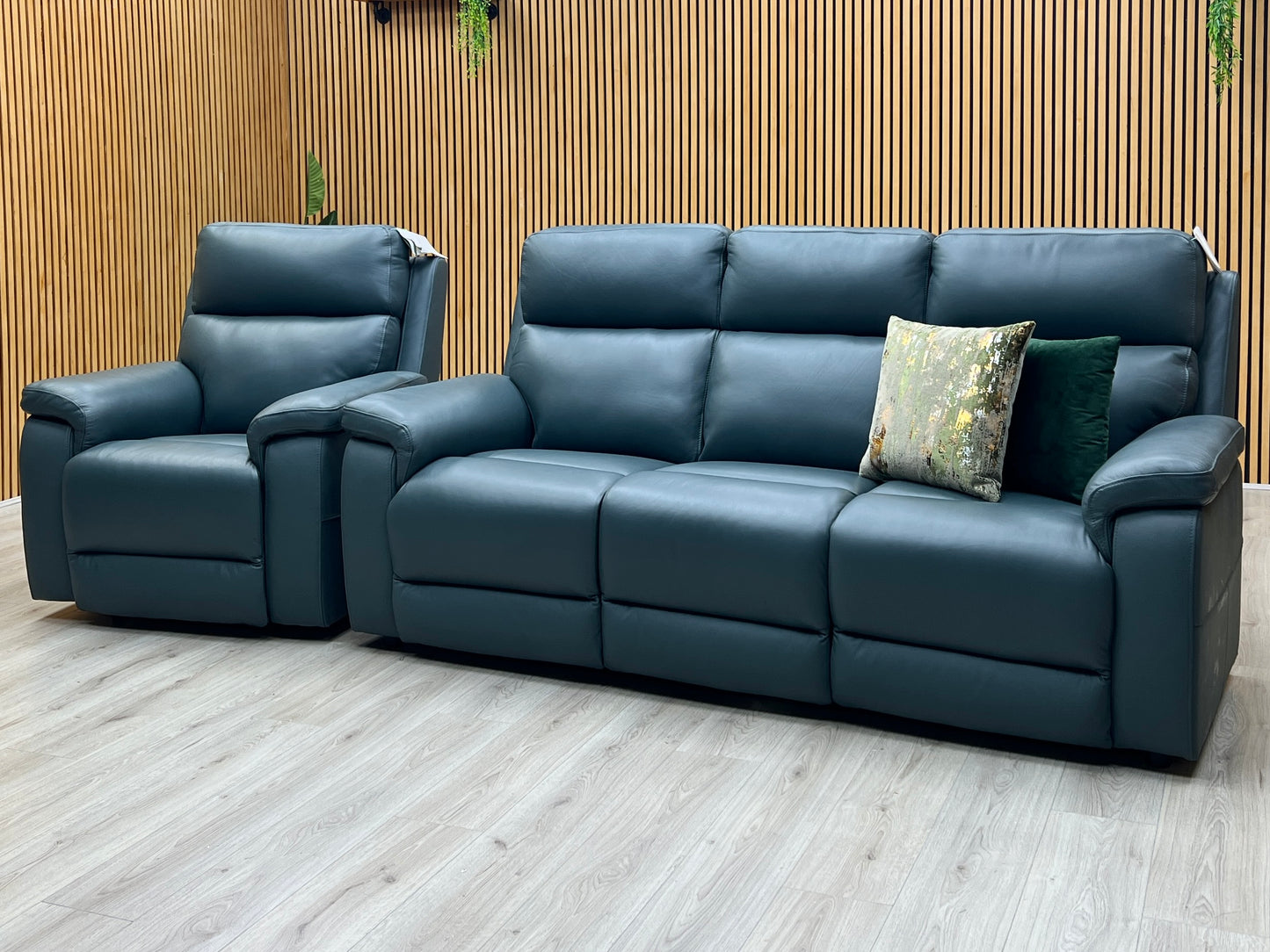 ‘Raven’ Oslo Peacock Green Leather Set: 3 Seater + Power Chair with Footstool Sofa Set