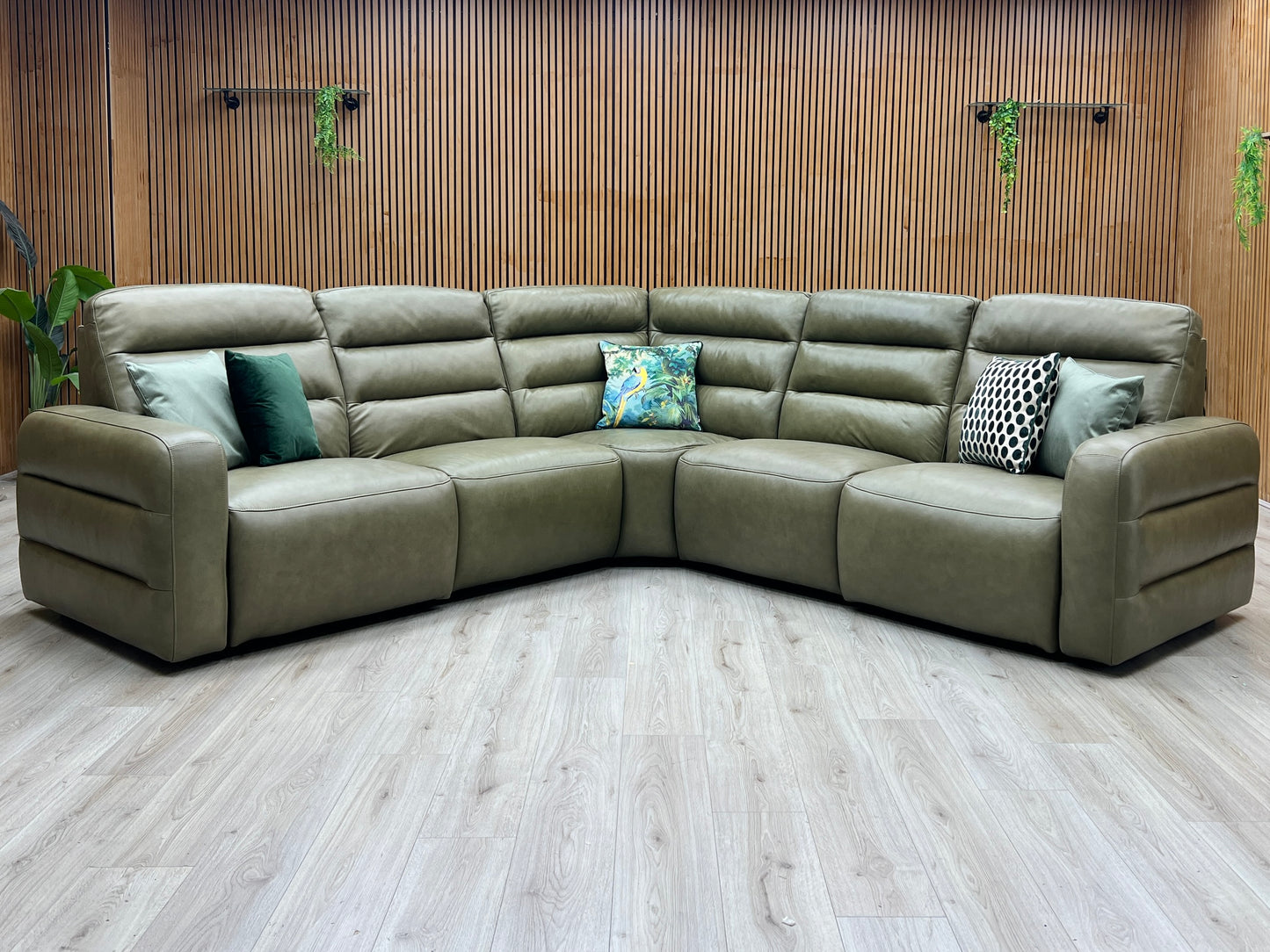 'Jumbo’ Ca-699e Olive Green Leather Large Power Recliner Corner Sofa Furniture Village