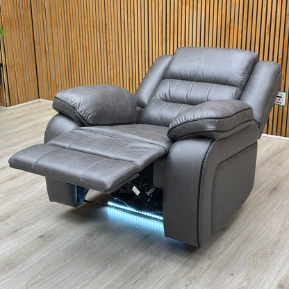 Lifestyle shot showing the contemporary silhouette and plush cushioning of the 'Vegas' recliner.